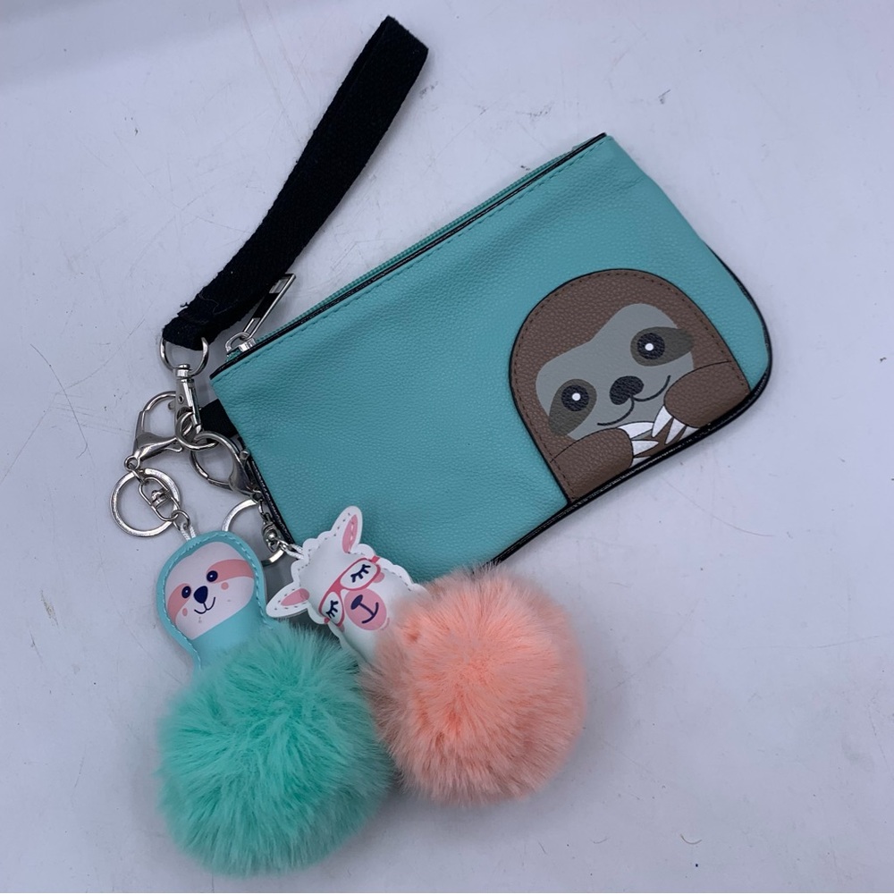 Sleepyville Critters Sloth With 2 Pom Pom Charms Wristlet